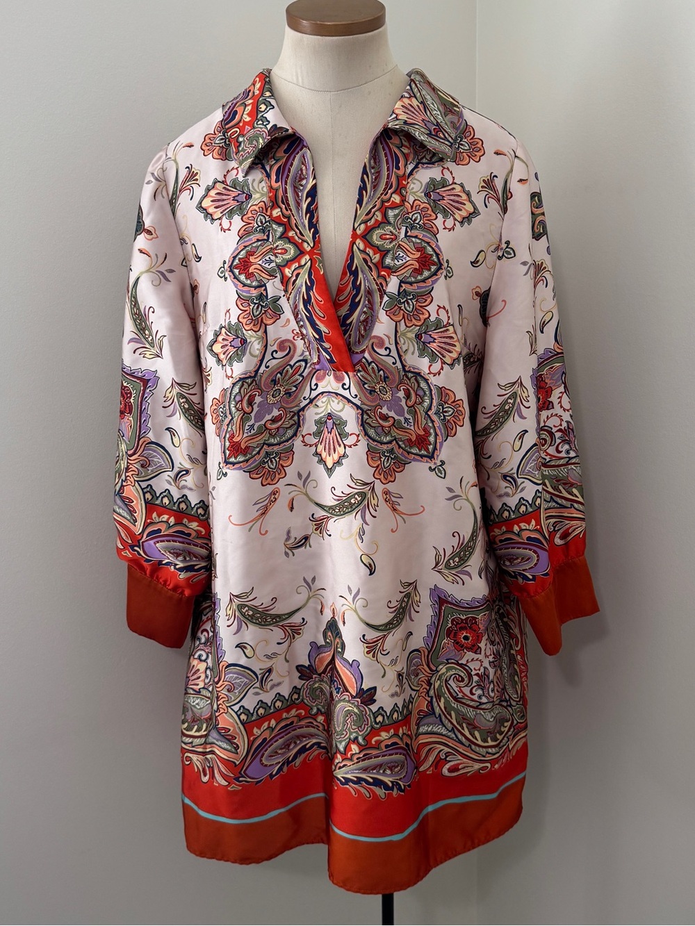 Zara XL Paisley V-Neck Satin Mini Dress Orange Trim ~ Boho Retro Vibes
